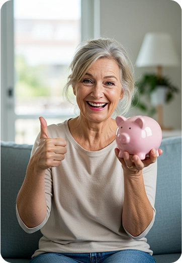 Old woman holding a piggy bank